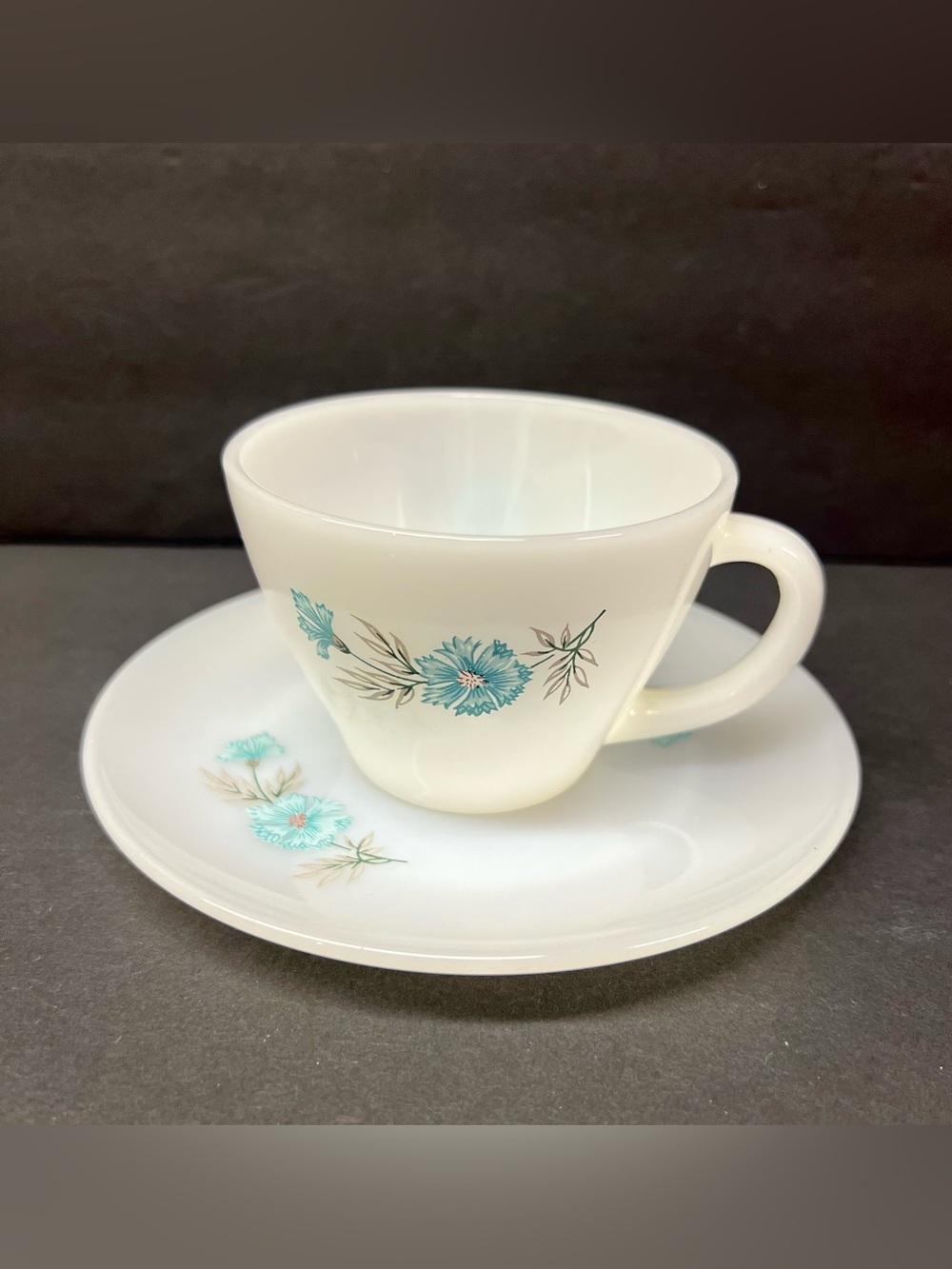 Fire King Oven Ware Bonnie Blue Carnation Corn Flower Tea/Coffee
Cup Saucer Set